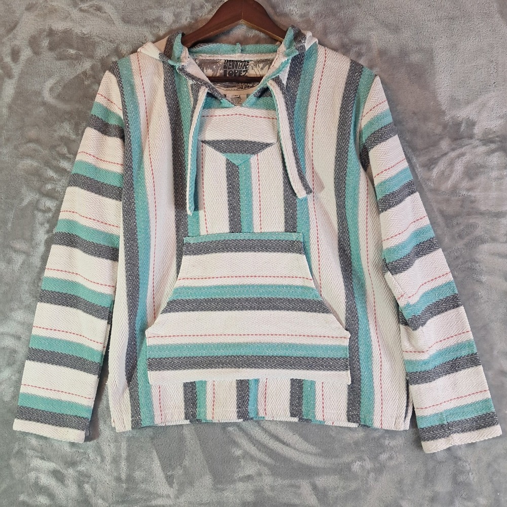 Original Senor Lopez Baja Hoodie Pullover M Striped Mexican Drug Rug Teal White